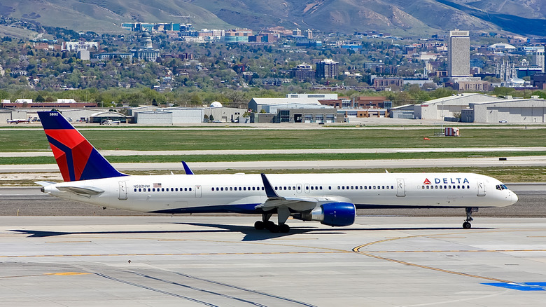 Boeing 757-300 of Atlanta-based Delta Air Lines taxiing at Salt Lake City International Airport.