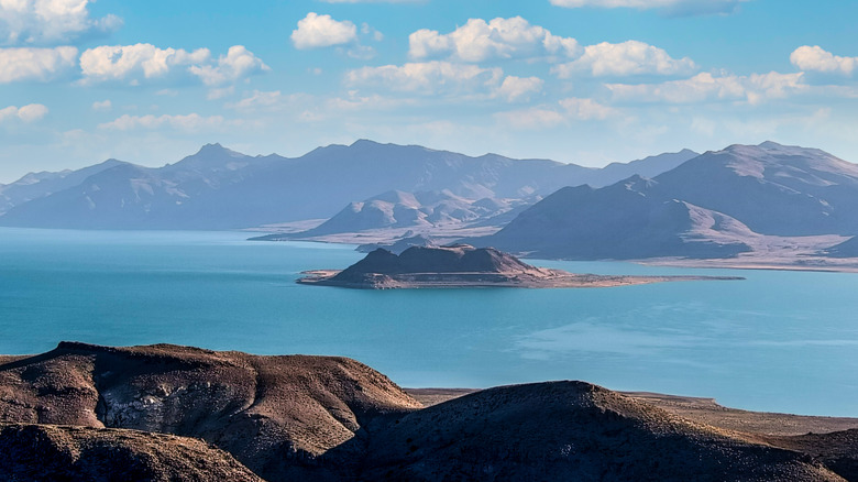 Nevada's Pyramid Lake and its bright blue water pictured from a high altitude