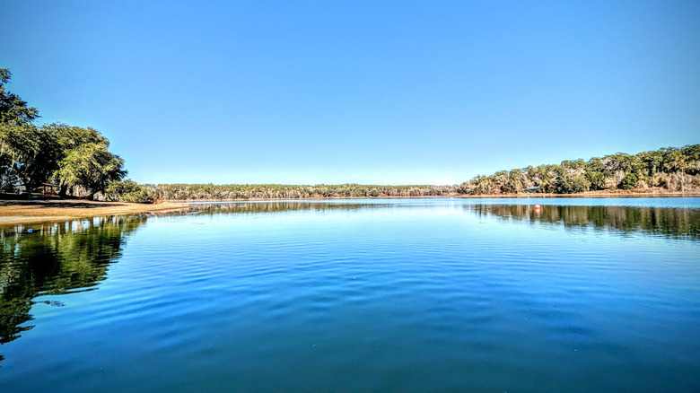 sandy beaches border the blue, crystal-clear waters of Lake Hall in Tallahassee