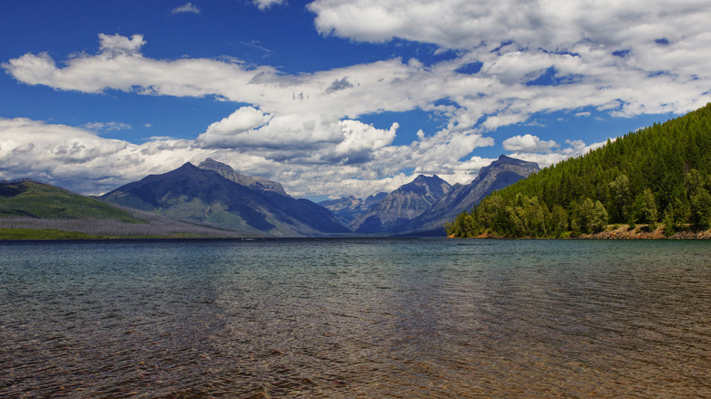 Mountain views around clear waters of Lake McDonald, Glacier National Park