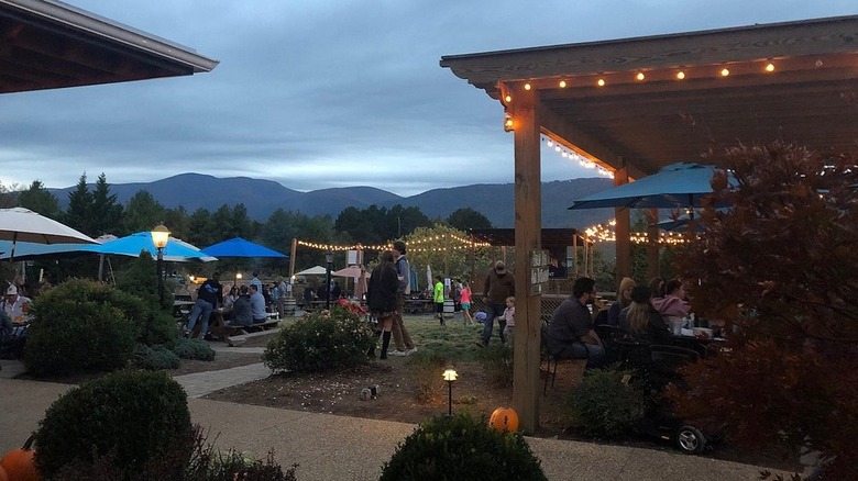 People standing and sitting at picnic tables in a patio area with wooden pavilions