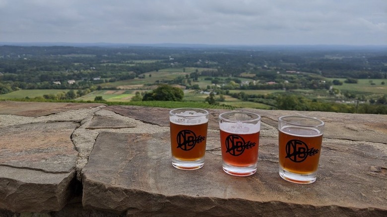 Three glasses of beer on a stone ledge, with fields and forests in the background under a cloudy blue sky