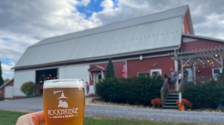 A person holding a glass of beer in front of a barn