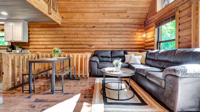 a modern, yet cozy living room in Cabin Sweet Cabin
