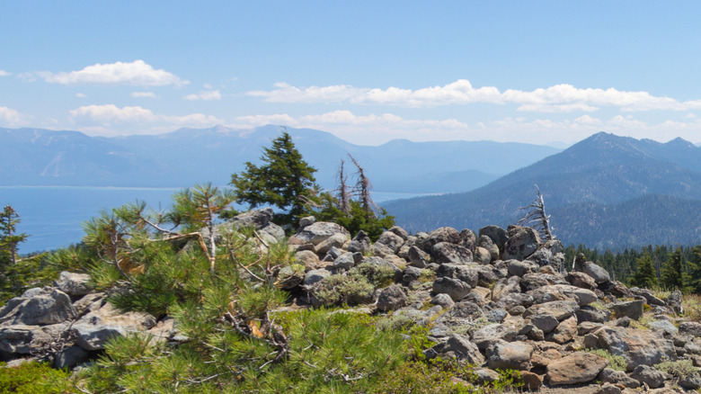 Trail leads to a rocky viewpoint atop Ellis Peak with Desolation Wilderness and Lake Tahoe in the distance.
