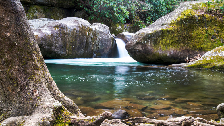 Boulders cradle the clear waters of a mountain swimming hole as a small waterfall causes ripples on the surface.