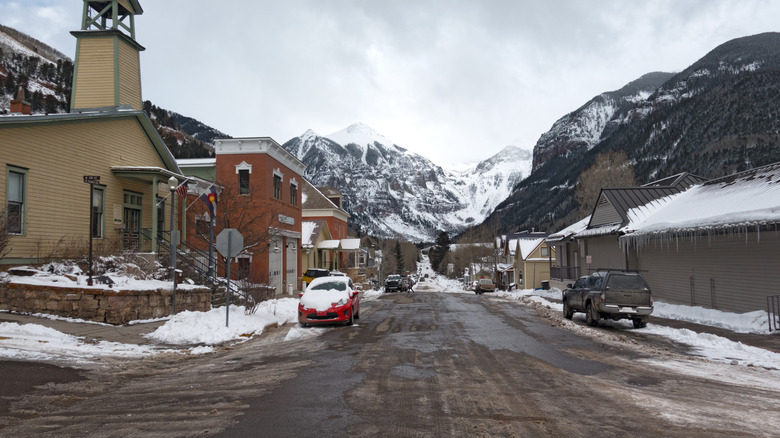 Downtown Telluride with snow on the ground and rooftops