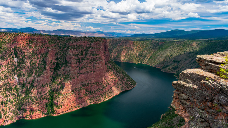Aerial shot of the Flaming Gorge Reservoir in the Flaming Gorge National Recreation Area, along the Wyoming-Utah border
