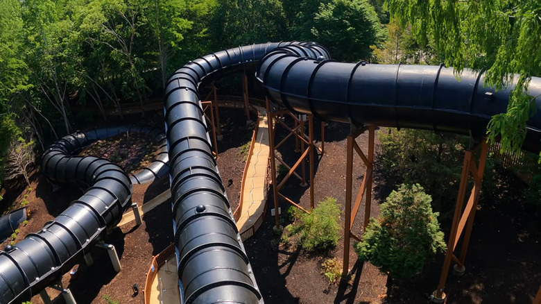 Elevated view of Aquazoid Amped water slide at Water Country USA in Virginia