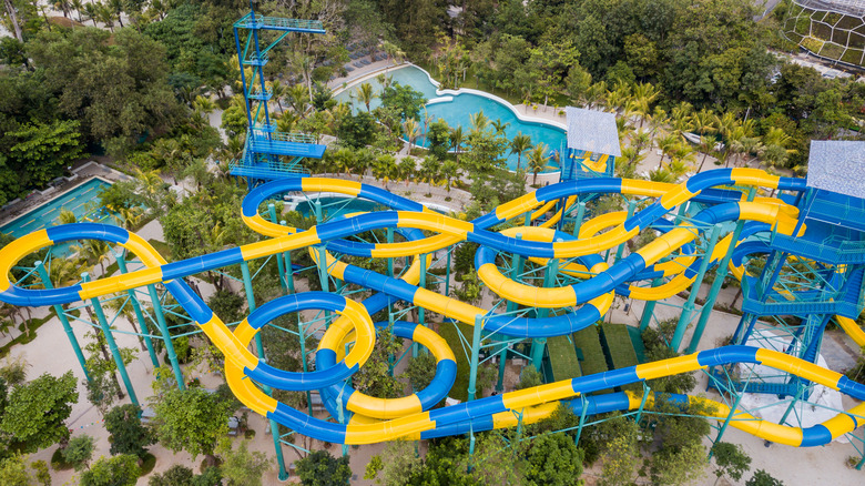 Aerial view of the coiling water slide The Longest at ESCAPE Penang in Malaysia