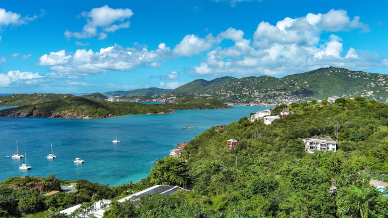An aerial view of Charlotte Amalie Harbour near the island of St. Thomas in the US Virgin Islands