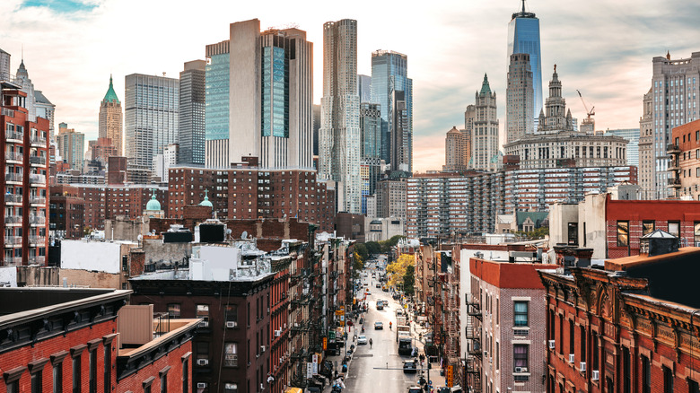 A view of the Manhattan skyline in New York City from Chinatown