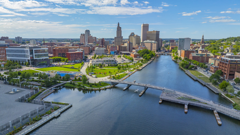 Providence River aerial view including Michael S. Van Leesten Memorial Bridge, downtown Providence, Rhode Island