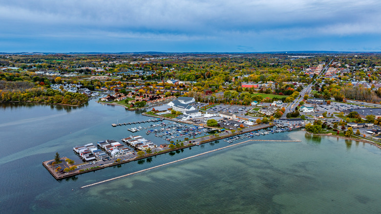 Aerial view of the shoreline of Canandaigua, with a marina and town behind it