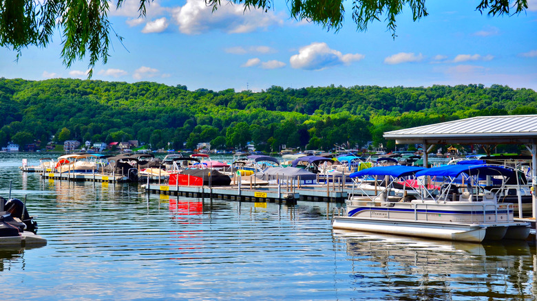 Colorful boats docked at a marina with lush green trees in the background in Penn Yan, NY