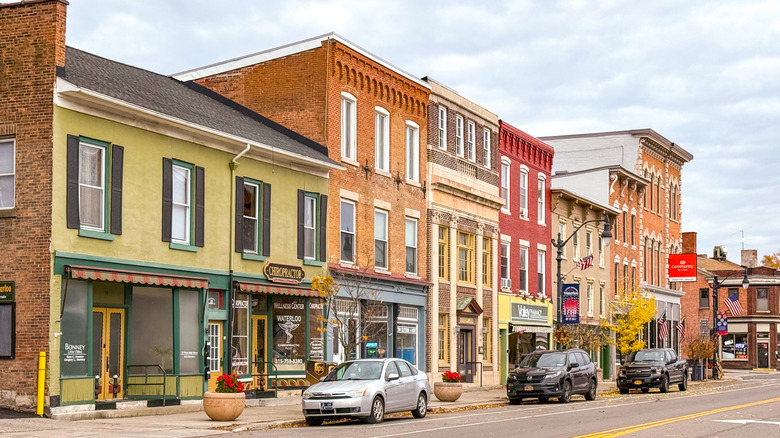 Old brick buildings line a historic shopping street in Waterloo, NY