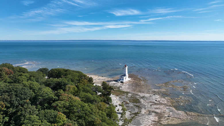 An aerial view of Point Abino and its lighthouse on the northern shore of Lake Erie, Ontario