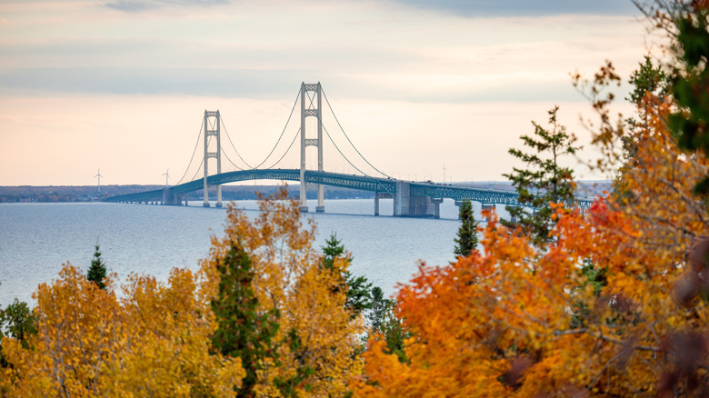 The Mackinac Bridge in Michigan, surrounded by vibrant fall colors