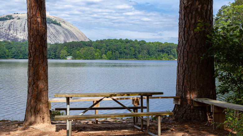 View of Stone Mountain and the Stone Mountain Lake from the Stone Mountain Park Campground