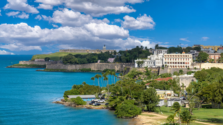 Aerial view of San Juan, Puerto Rico's colorful colonial historic center from San Juan Bay.