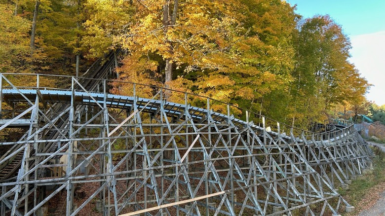 Boulder Dash coaster with trees in the background in Lake Compounce Amusement and Water Park