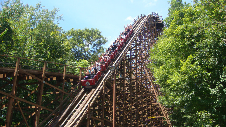 The first drop of the roller coaster The Beast in Mason, Ohio