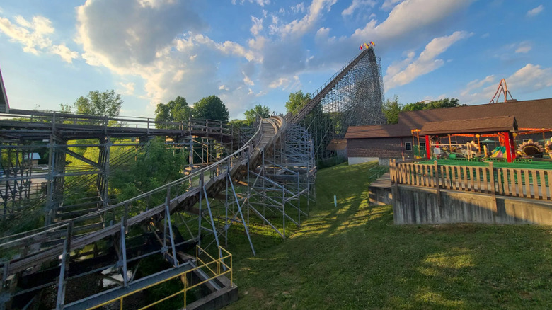 The Voyage roller coaster with a pretty blue sky in Santa Claus, Indiana
