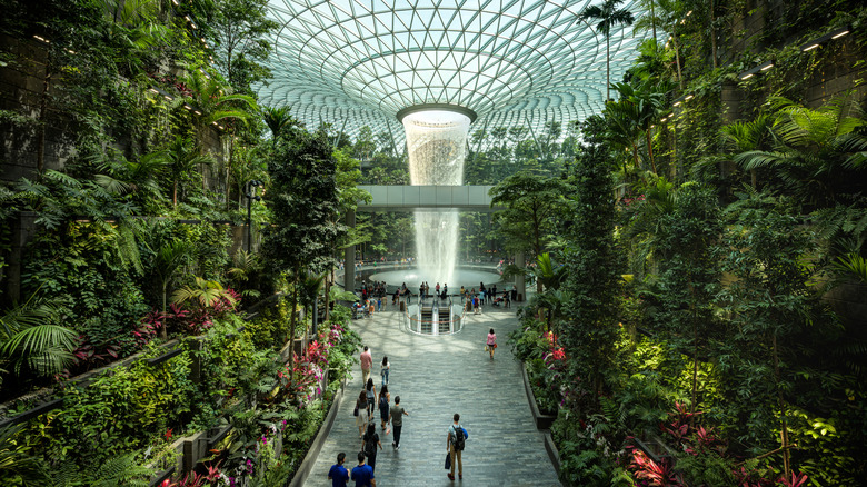 The iconic rain vortex waterfall and indoor garden at Jewel Changi Airport, Singapore