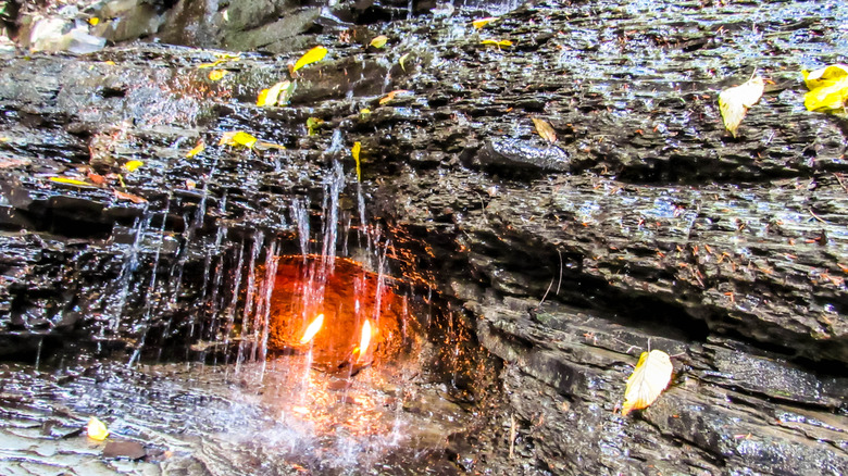 the burning grotto behind a waterfall in Chestnut Ridge Park
