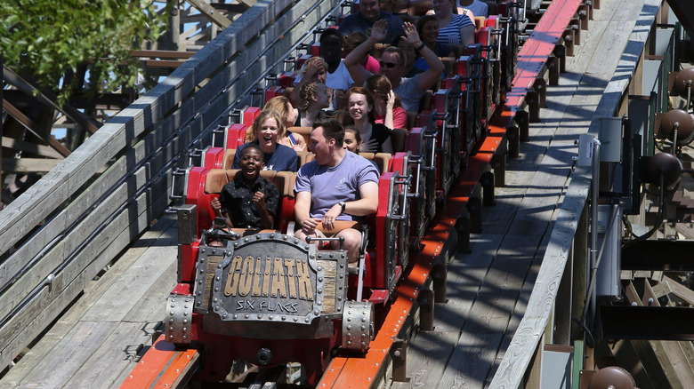 tourists riding the Goliath wooden roller coaster at Six Flags Great America in Gurnee, Illinois