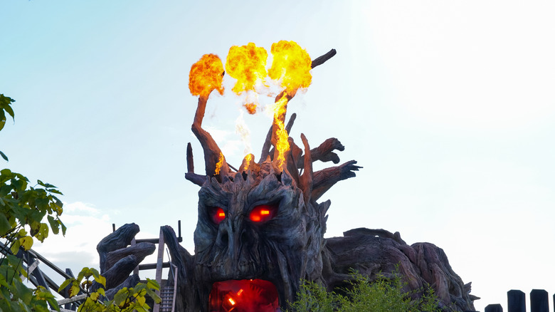 The fire-breathing dragon sculpture at the Colossos roller coaster in Germany's Heide Park Resort