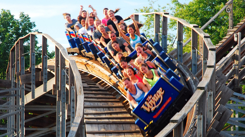 riders on the Voyage wooden roller-coaster at Holiday World in Santa Claus, Indiana