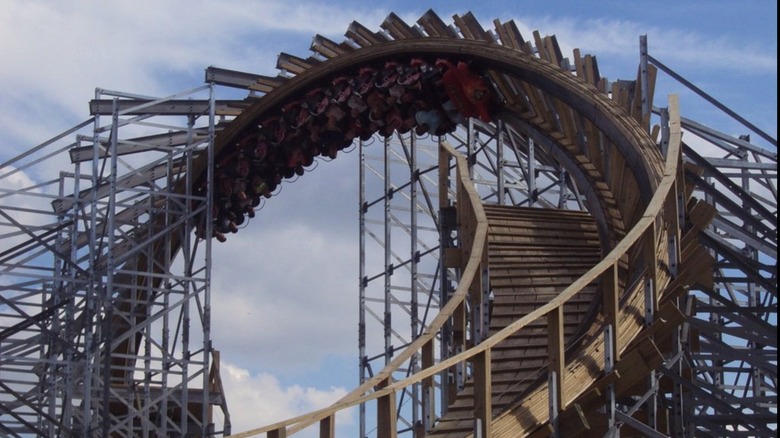 An inversion on Hades 360, a wooden rollercoaster at Mount Olympus Water & Theme Park in Wisconsin Dells