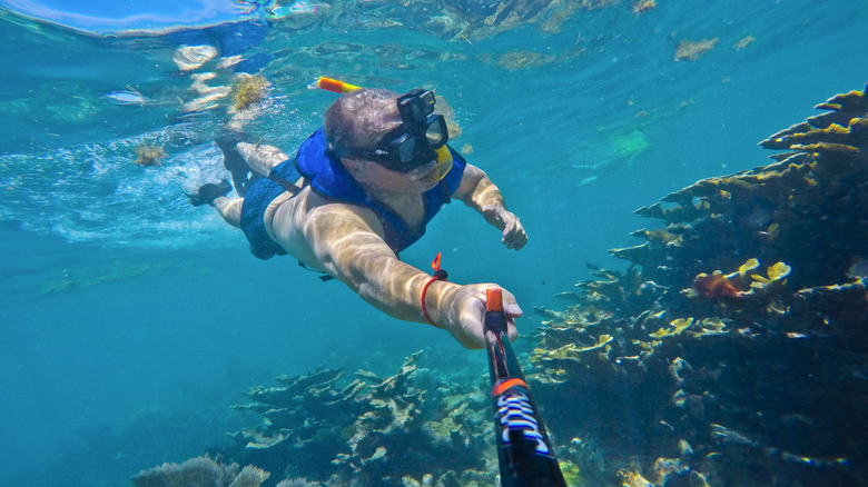 Snorkeler with selfie stick
