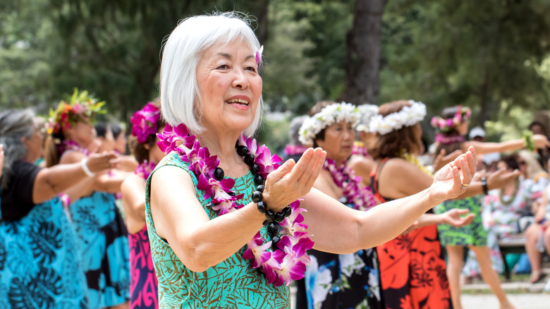 Senior hula dancer on Lei Day in Honolulu