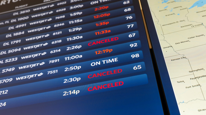 A flight tracker shows canceled and delayed flights