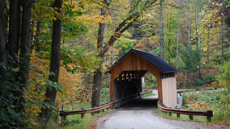 Seguin Covered Bridge in the middle of a wooded area in Vermont