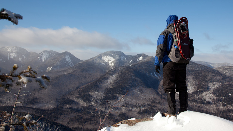 Hiker with snowshoes attached to backpack surveying snowy, mountainous scene