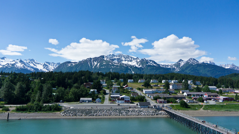 The town of Haines under a snow-capped mountain