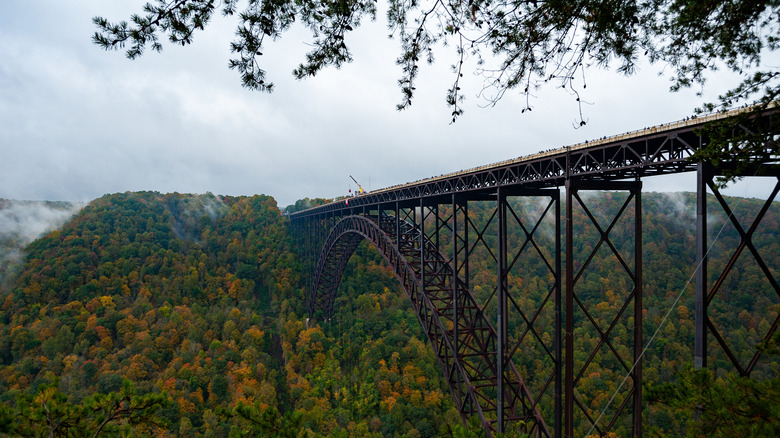 The New River Gorge Bridge, an old-fashioned bridge that runs through the mist-shrouded woods
