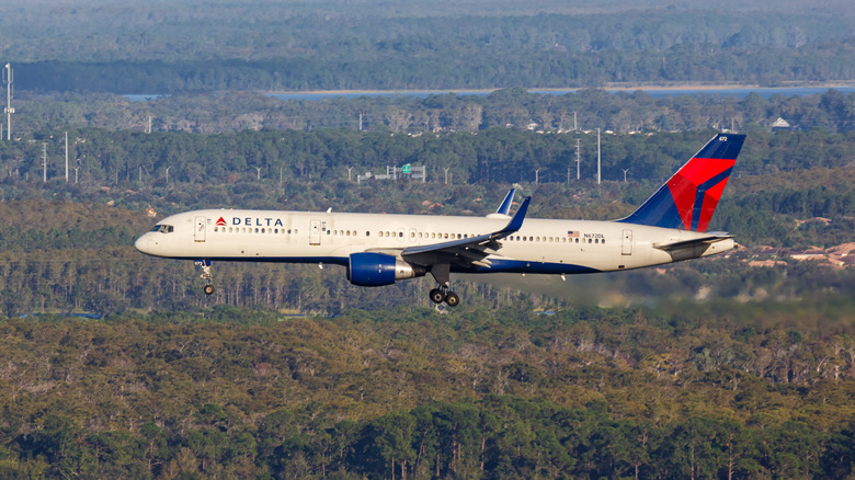 A Delta Airlines passenger plane landing in Orlando with trees and water below