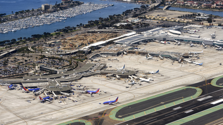 Aerial view of planes taxing at San Diego International Airport
