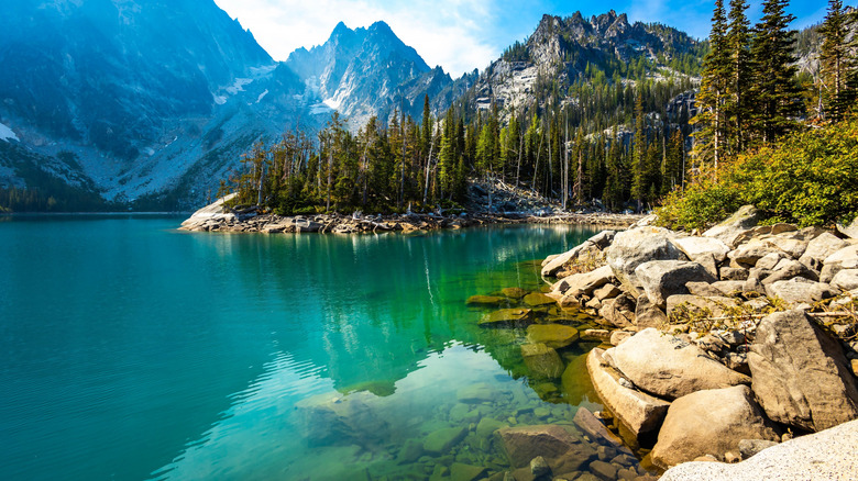 The turquoise waters of Colchuck Lake, nestled within the Okanogan-Wenatchee National Forest in Washington.