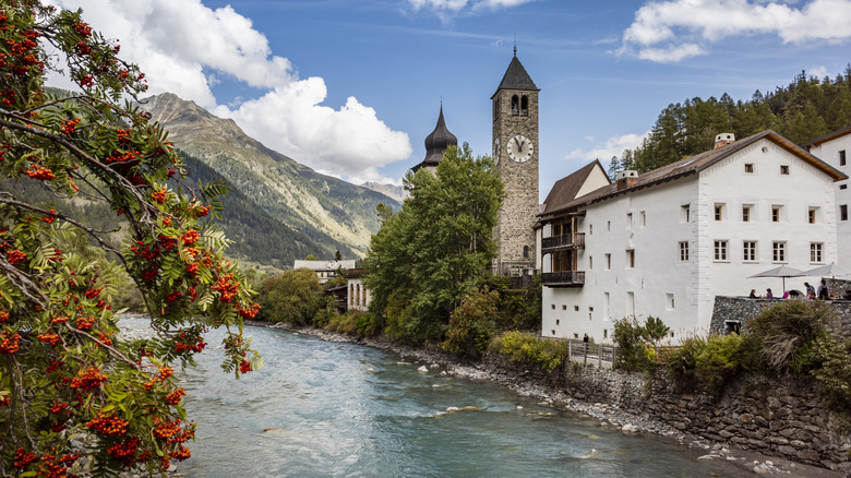 The small village of Susch, Switzerland on the Rhine River