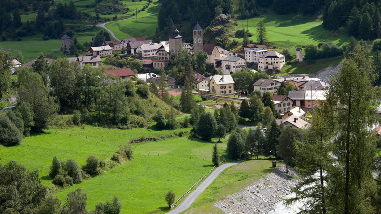 Aerial view of the charming Swiss village of Susch