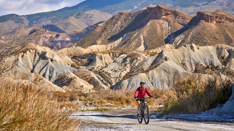 Cyclist in red racket and helmet riding in desert landscape with mountains and brush
