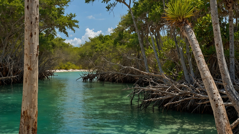 View of mangroves in Lucayan National Park at Gold Rock Beach in the Bahamas