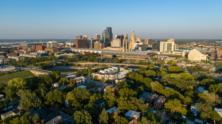 Aerial view of downtown Kansas City, Missouri during the day.