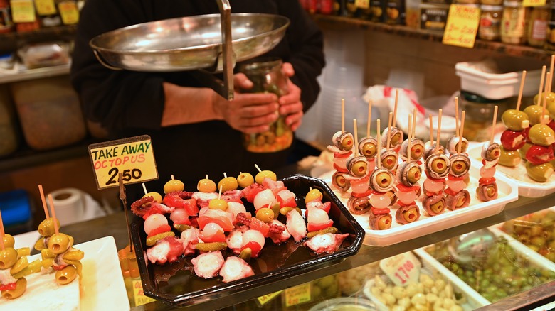 fresh tapas at La Boquería market on La Rambla in Spain