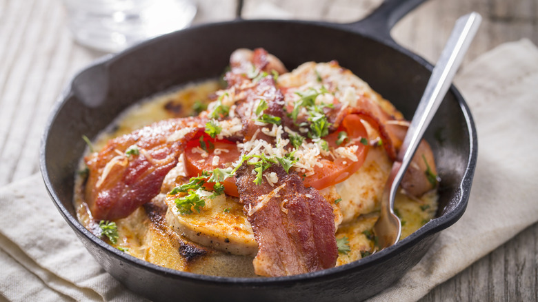 A Kentucky hot brown in a cast iron skillet